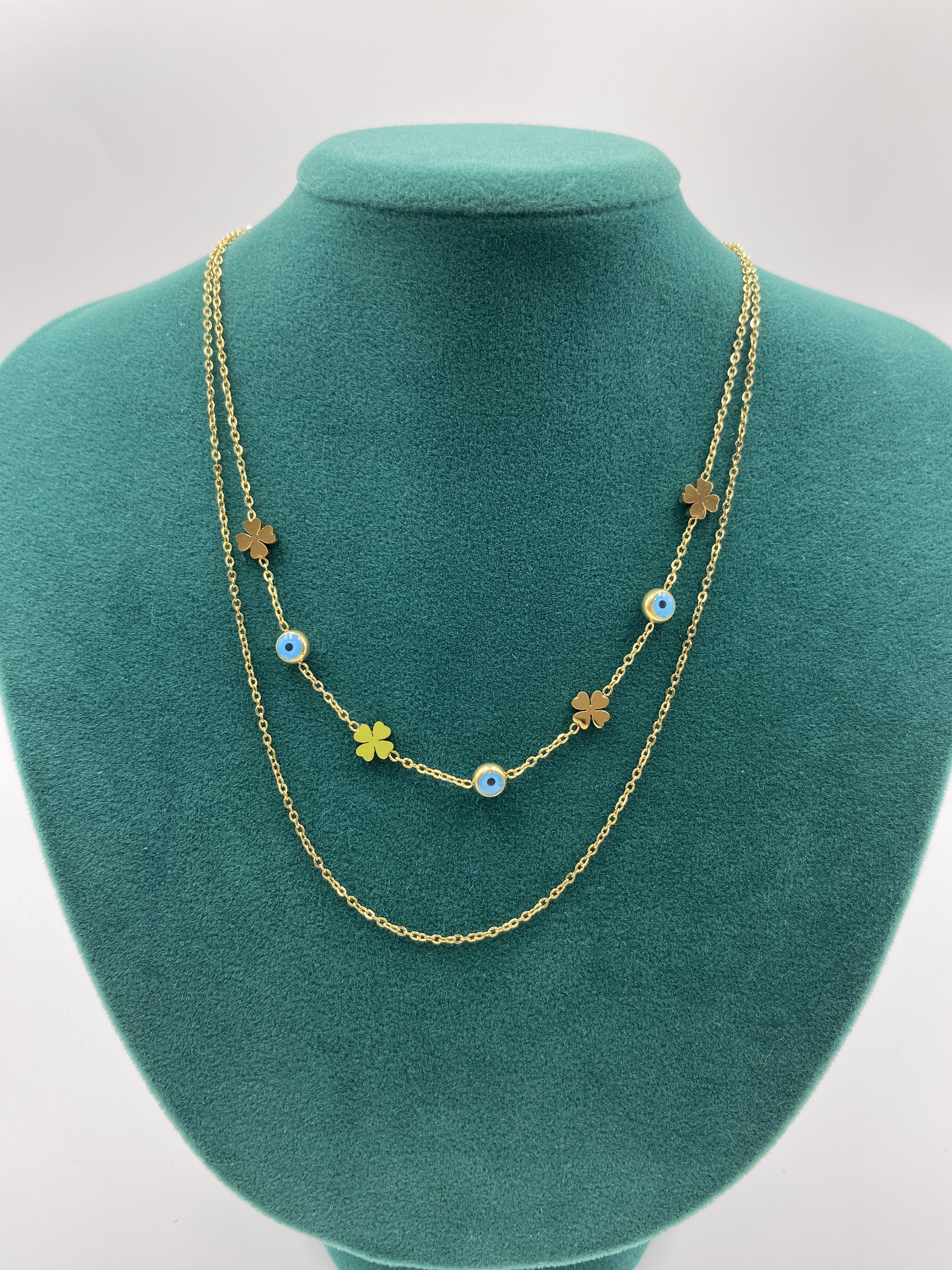 Nazar Boncuk Ve Yonca Detaylı İkili Kolye