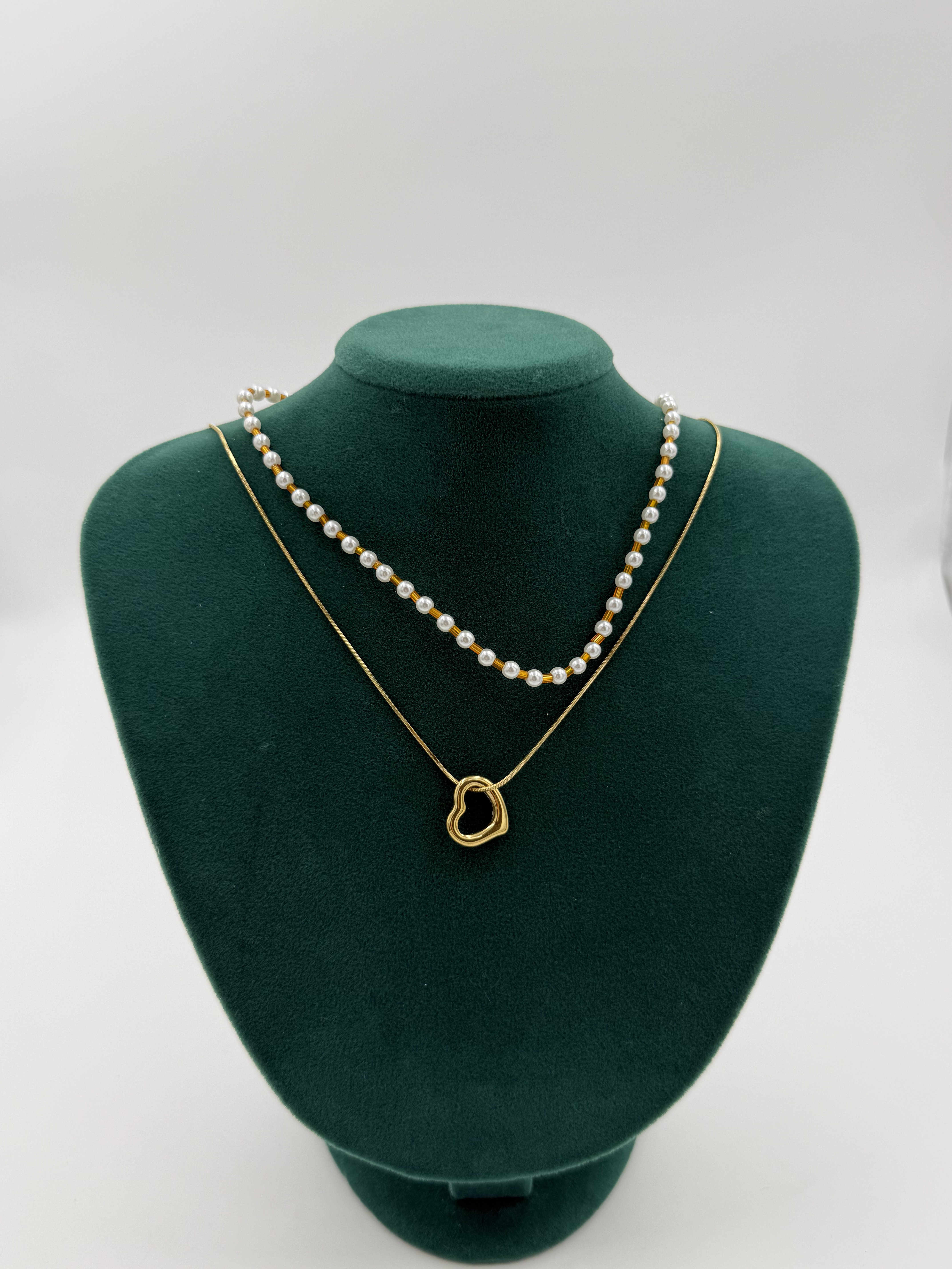 İncili Halka Kalp Detaylı İkili Kolye