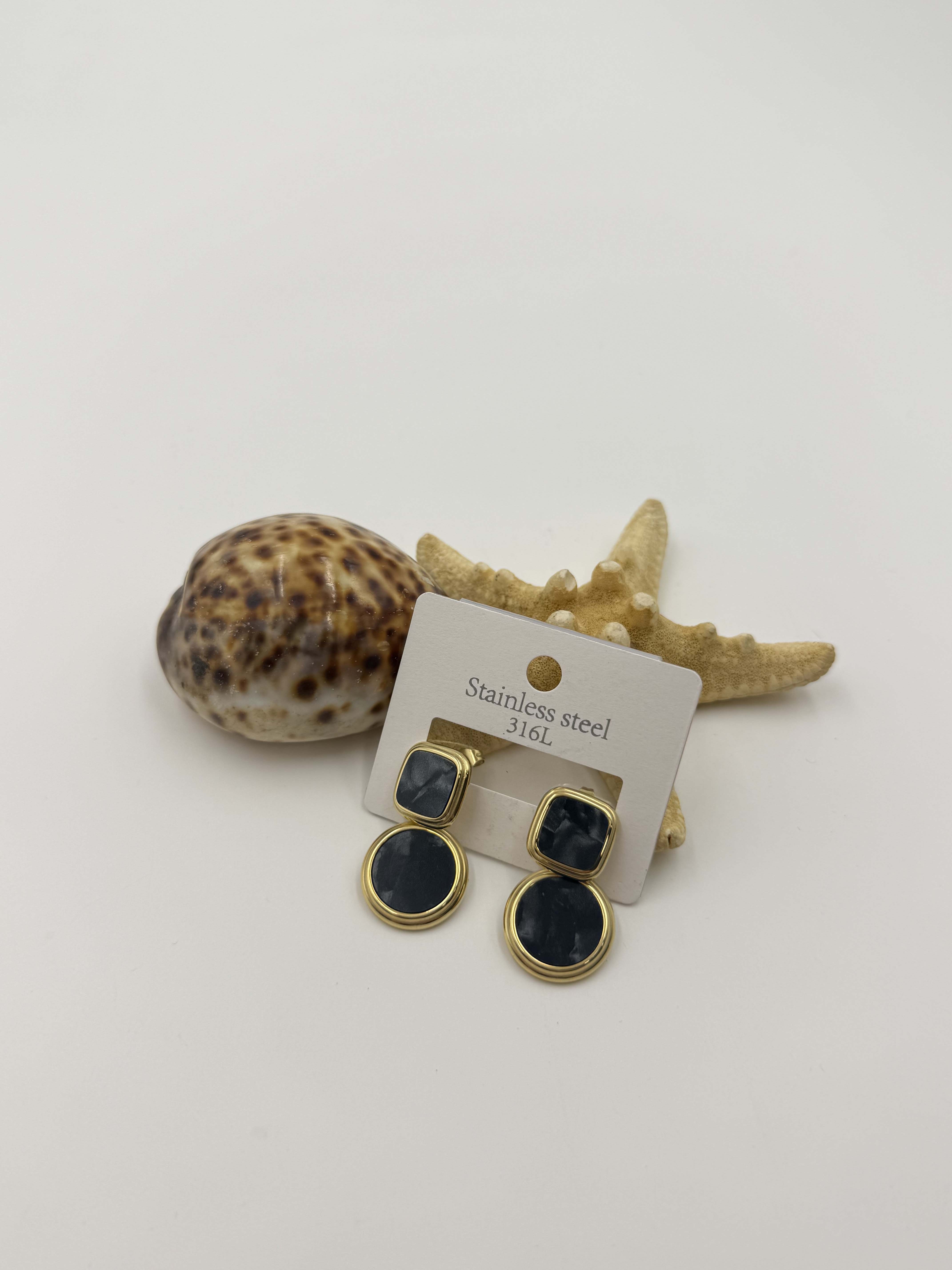 Siyah Taşlı Gold Küpe